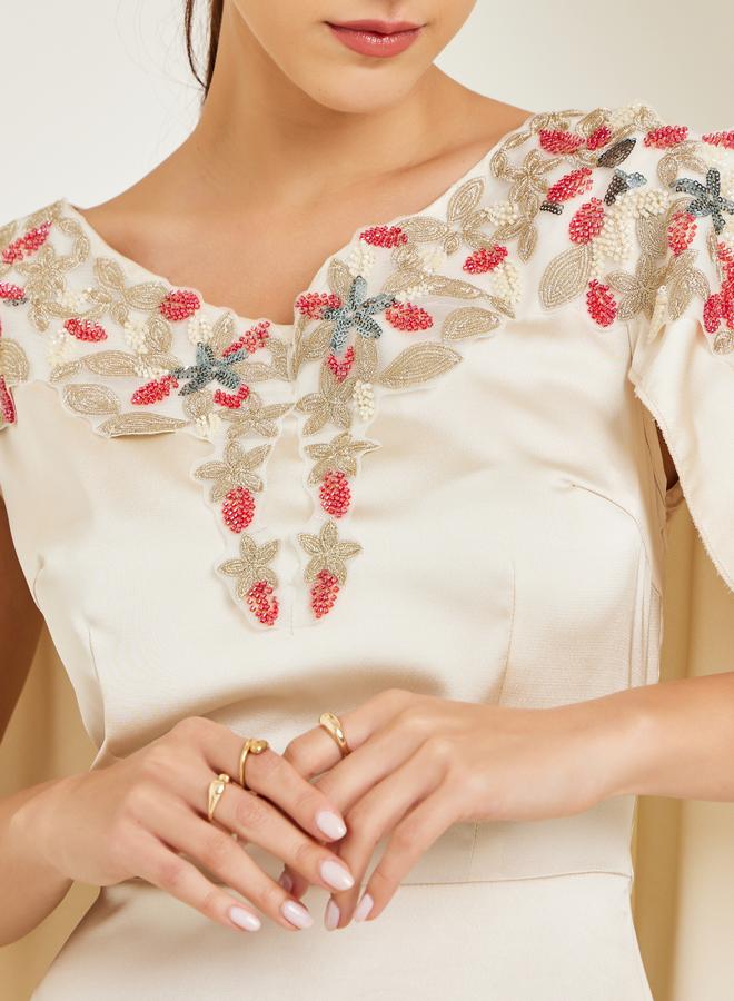 Styli Cream Embellished Cape Sleeve Sheath Maxi Dress - Image 3